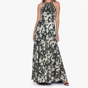 Betsy & Adam. Layla Halter Top Foil Print Gown.